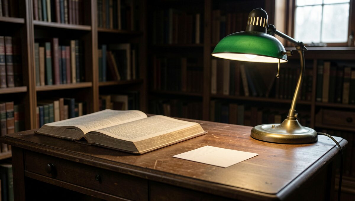 A reading desk in a dark archive room, an open ledger, a green-shaded lamp lit, and a single index card laid flat for study.