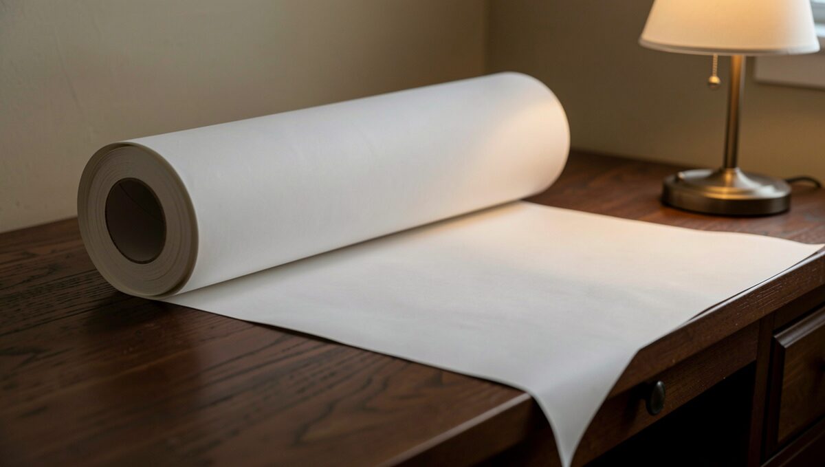 A teleprinter-style roll of plain paper beside a shortwave radio on a dark desk, a strip of blank paper curling toward the floor.