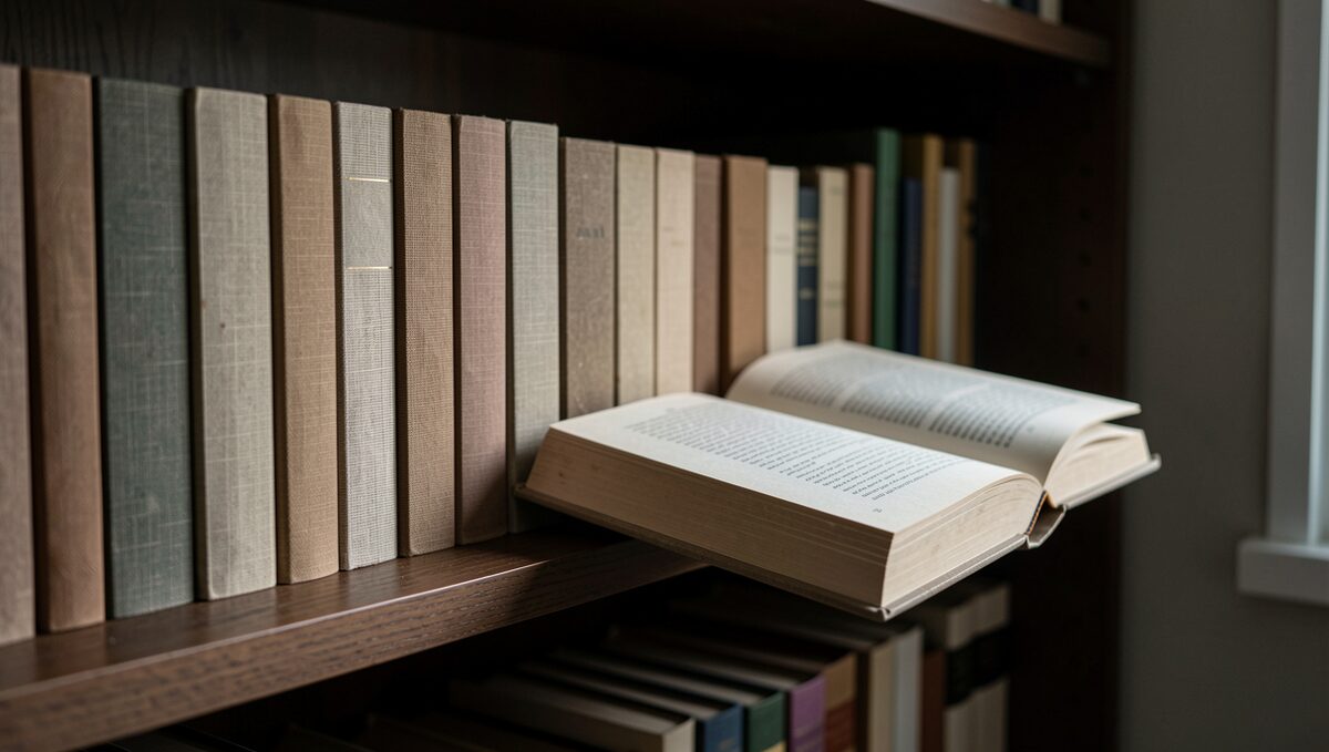 A single shelf of cloth-bound volumes with plain unmarked spines in a dark pantry room, one volume pulled out and resting open.